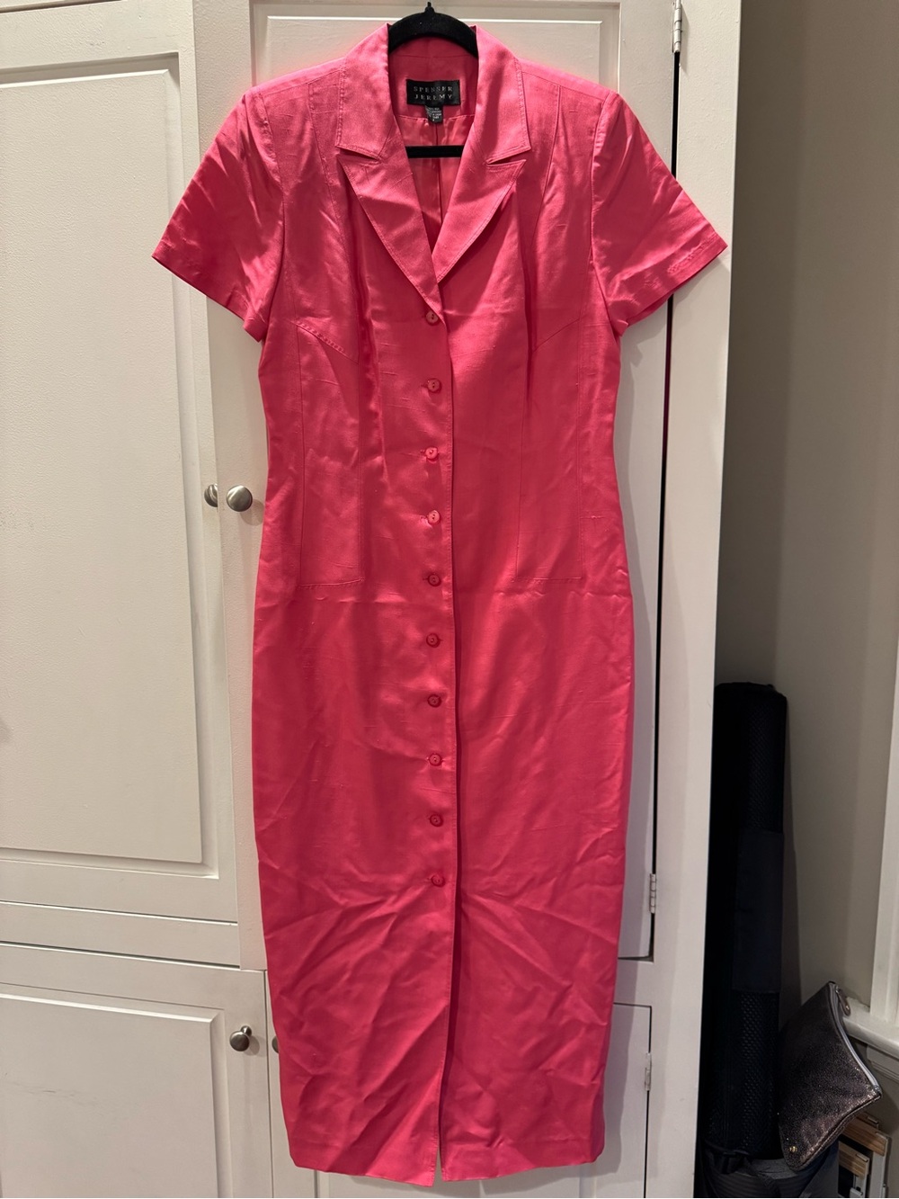 Vintage 100% Silk Hot Pink Button-Front Short-Sleeve Dress